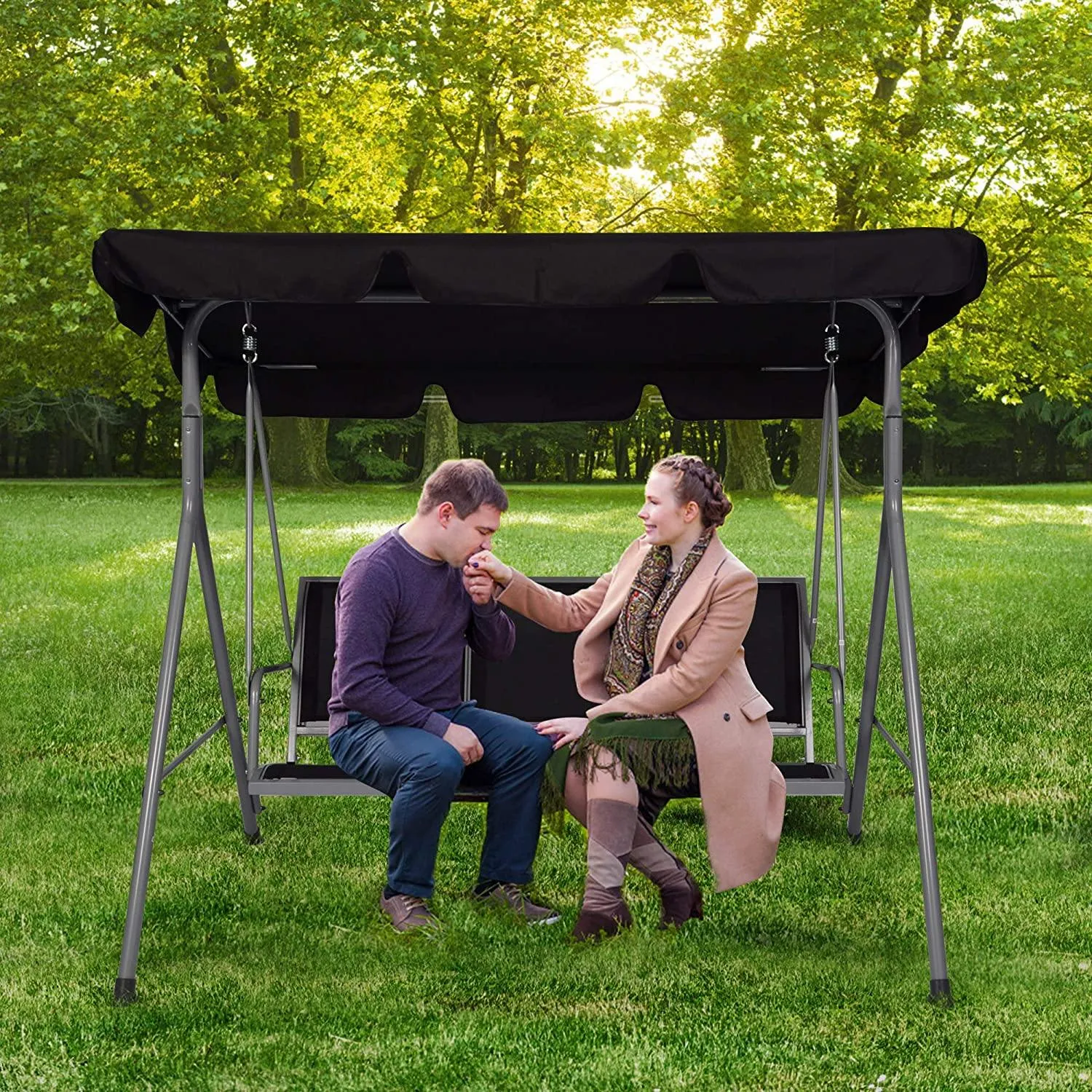 3-Person Outdoor Swing Chair Adjustable Canopy Hammock Seats, Patio Porch Garden Swing, Black