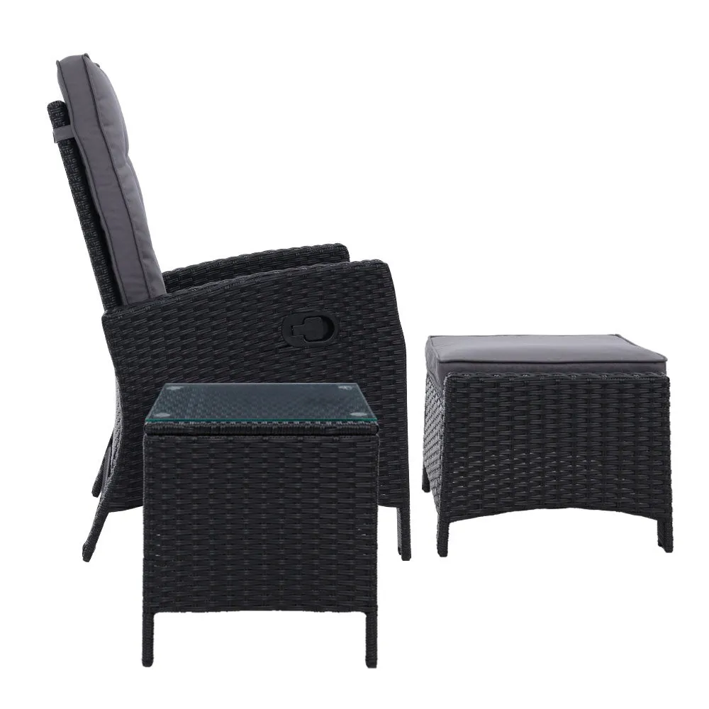 3 Piece Elise Outdoor Recliner Chair Ottoman and Table Set Black