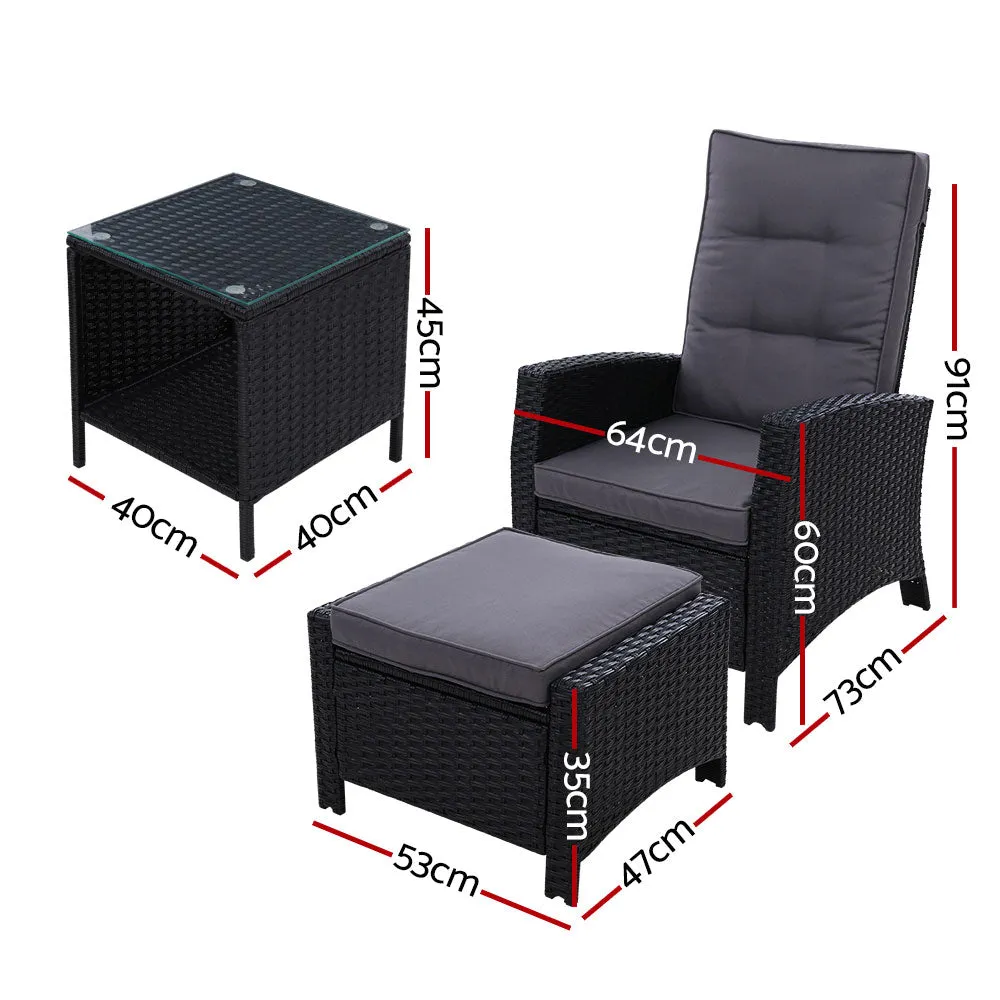 3 Piece Elise Outdoor Recliner Chair Ottoman and Table Set Black