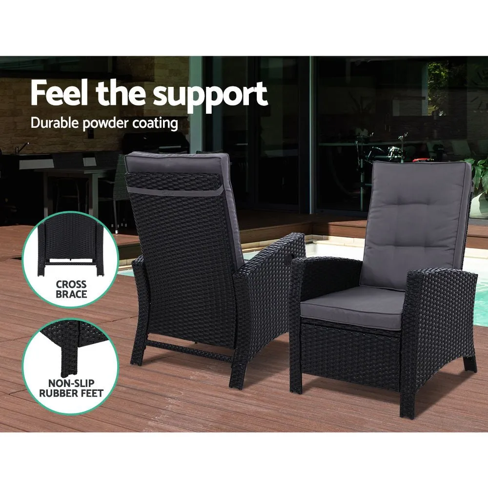 3 Piece Elise Outdoor Recliner Chair Ottoman and Table Set Black