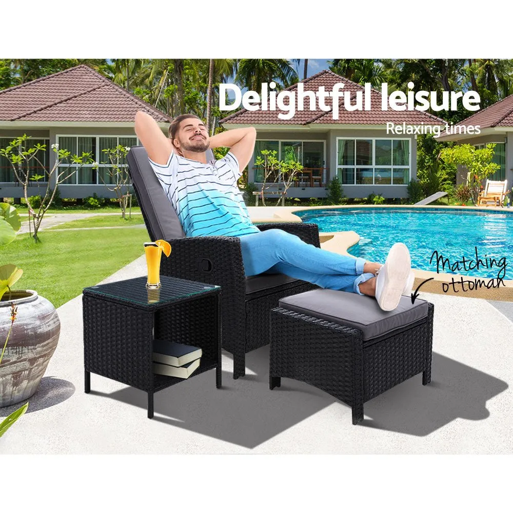 3 Piece Elise Outdoor Recliner Chair Ottoman and Table Set Black