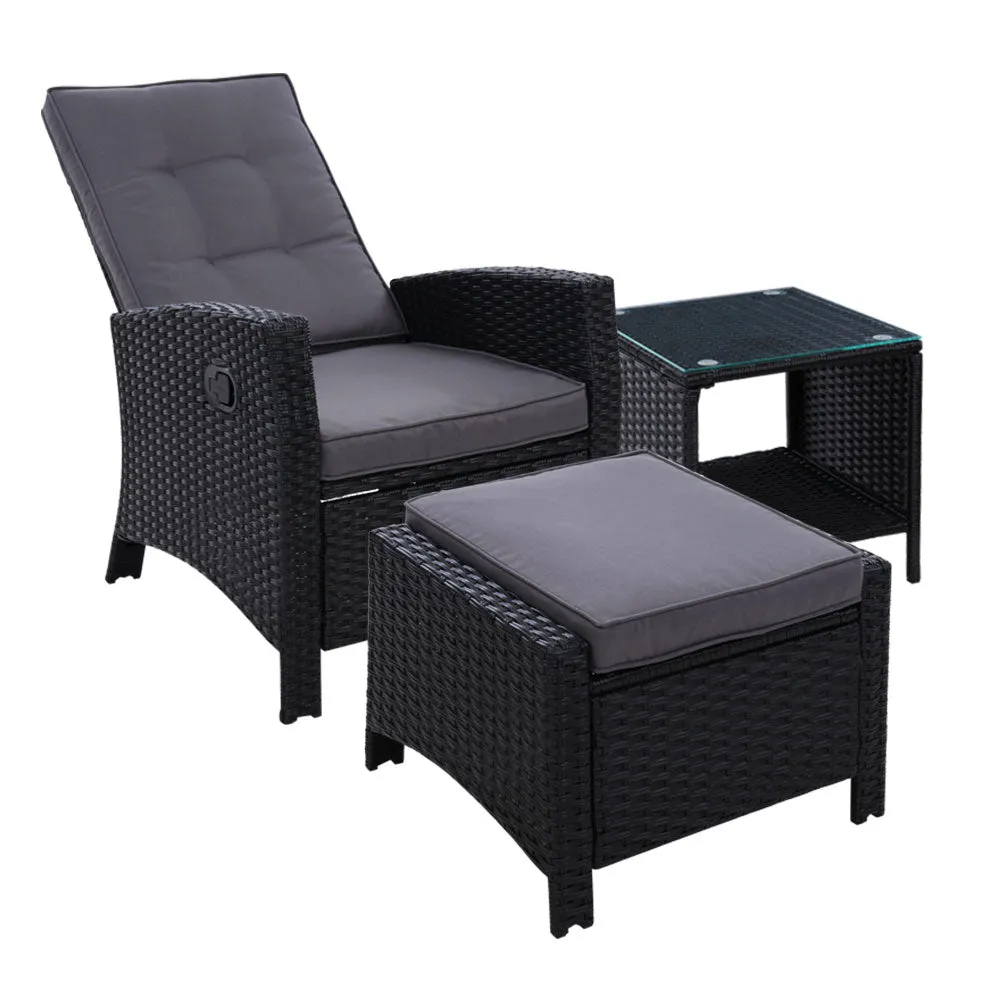 3 Piece Elise Outdoor Recliner Chair Ottoman and Table Set Black