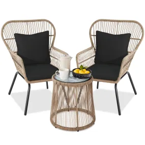 3-Piece Patio Wicker Conversation Bistro Set w/ 2 Chairs, Glass Top Table