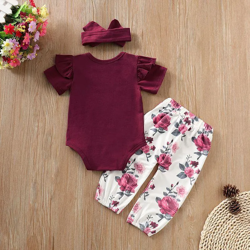 3-piece Solid Ruffle Bodysuit & Floral Printed Pants & Headband for Baby Girl Children's clothing wholesale