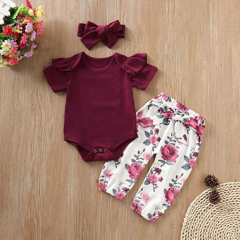 3-piece Solid Ruffle Bodysuit & Floral Printed Pants & Headband for Baby Girl Children's clothing wholesale