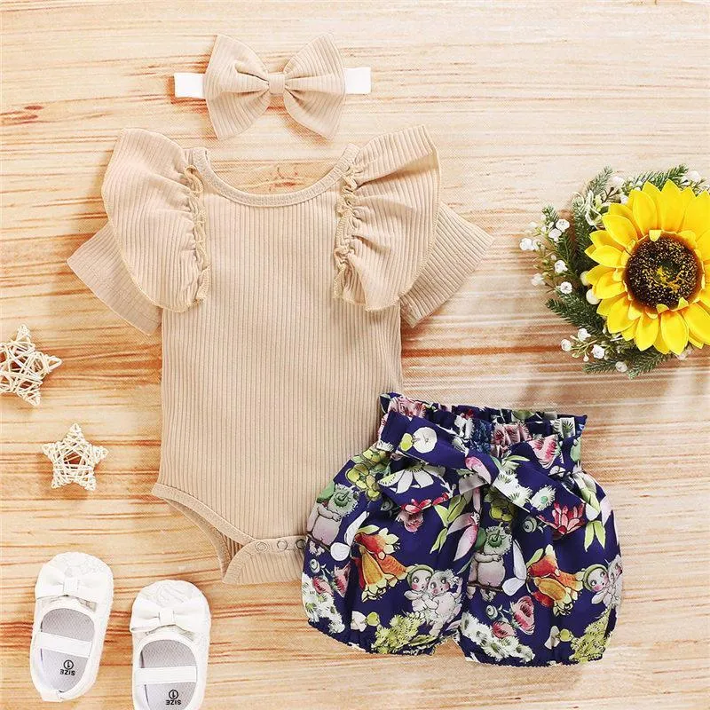 3-piece Solid Ruffle Bodysuit & Floral Printed Shorts & Headband for Baby Clothing Wholesale