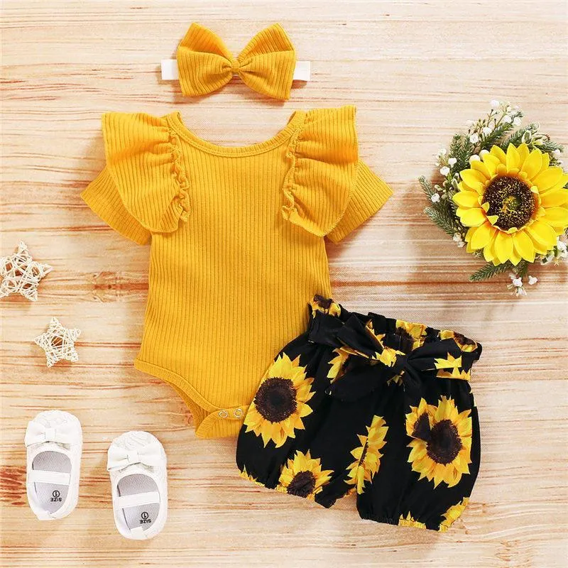 3-piece Solid Ruffle Bodysuit & Floral Printed Shorts & Headband for Baby Clothing Wholesale