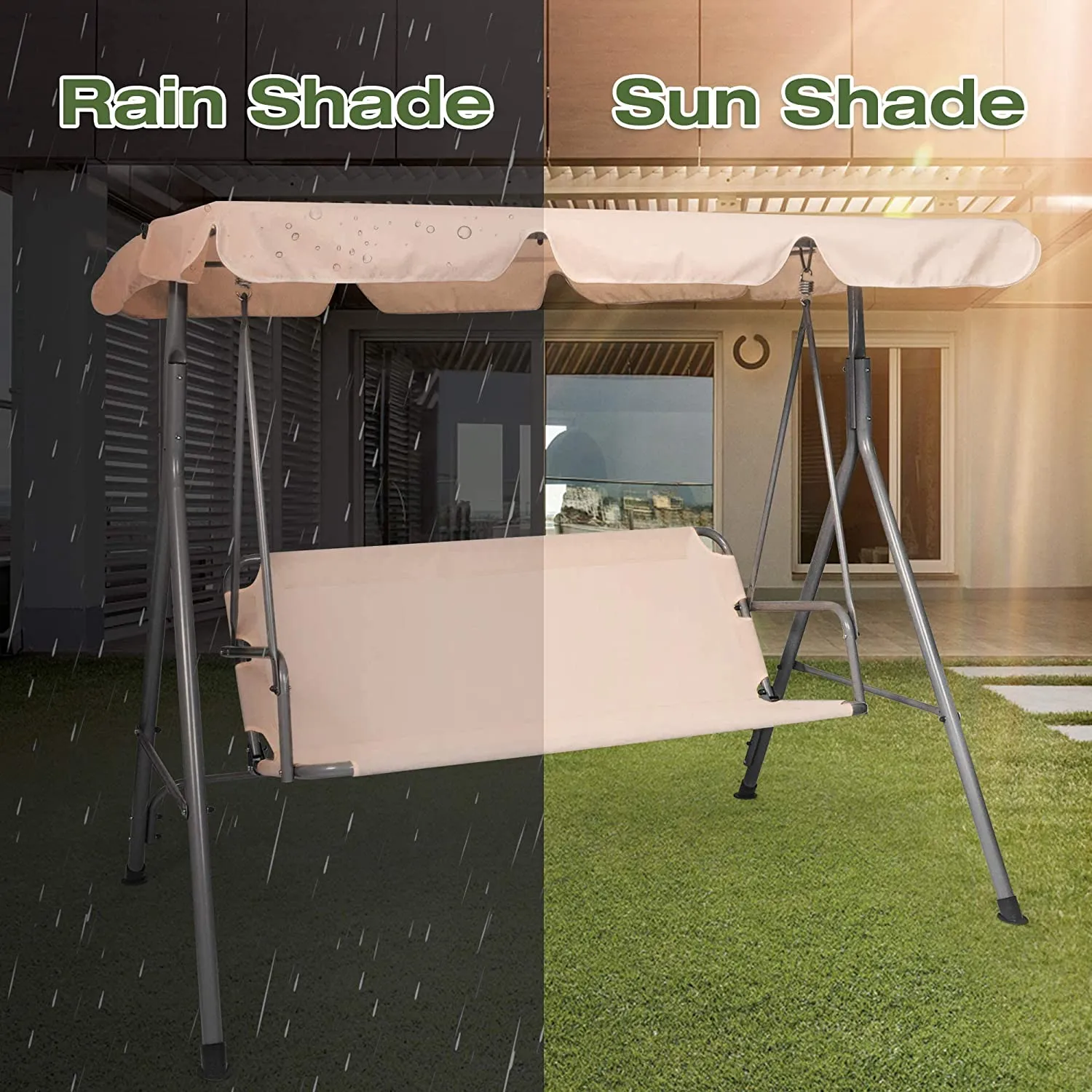 3-Seat Outdoor Patio Swing Chair Adjustable Canopy & Anti-Slip Padded Feets, Beige