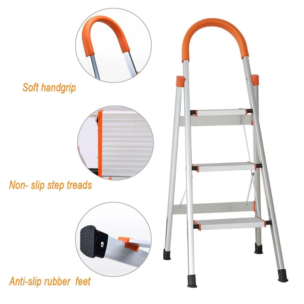 3 Step Aluminum Ladder Anti-Slip Stepladder with Rubber Hand Grip 330lbs Capacity Silver