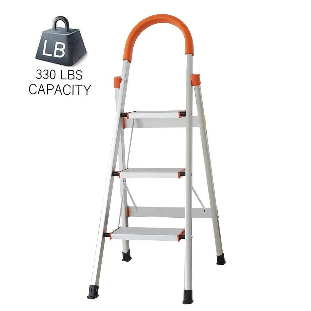 3 Step Aluminum Ladder Anti-Slip Stepladder with Rubber Hand Grip 330lbs Capacity Silver