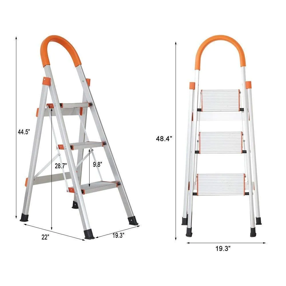 3 Step Aluminum Ladder Anti-Slip Stepladder with Rubber Hand Grip 330lbs Capacity Silver