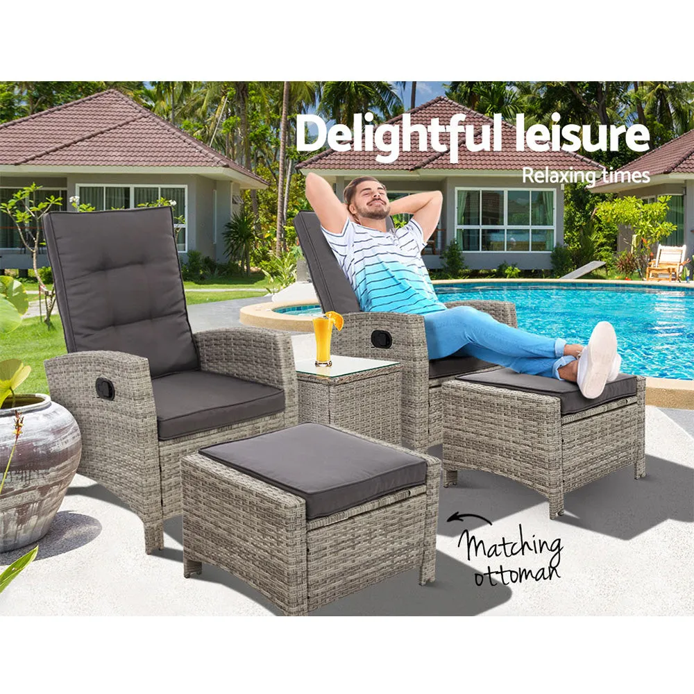 5 Pc Wicker Patio Recliner Armchair Ottoman Sun lounge Chair Furniture Outdoor Garden Grey