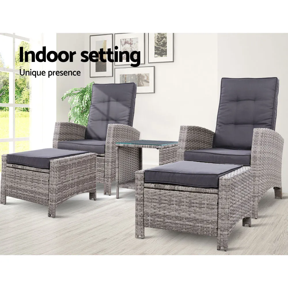 5 Pc Wicker Patio Recliner Armchair Ottoman Sun lounge Chair Furniture Outdoor Garden Grey