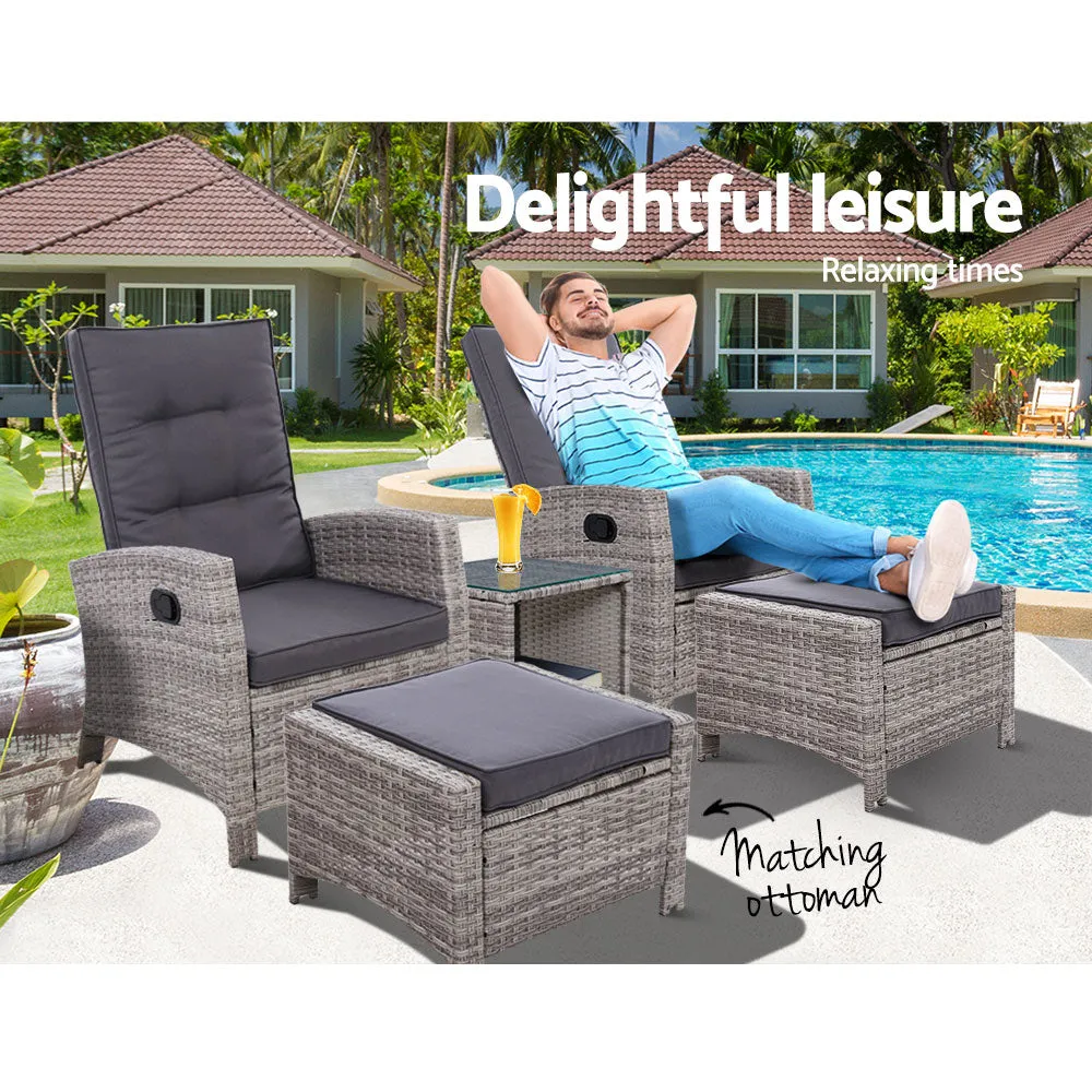 5 Pc Wicker Patio Recliner Armchair Ottoman Sun lounge Chair Furniture Outdoor Garden Grey