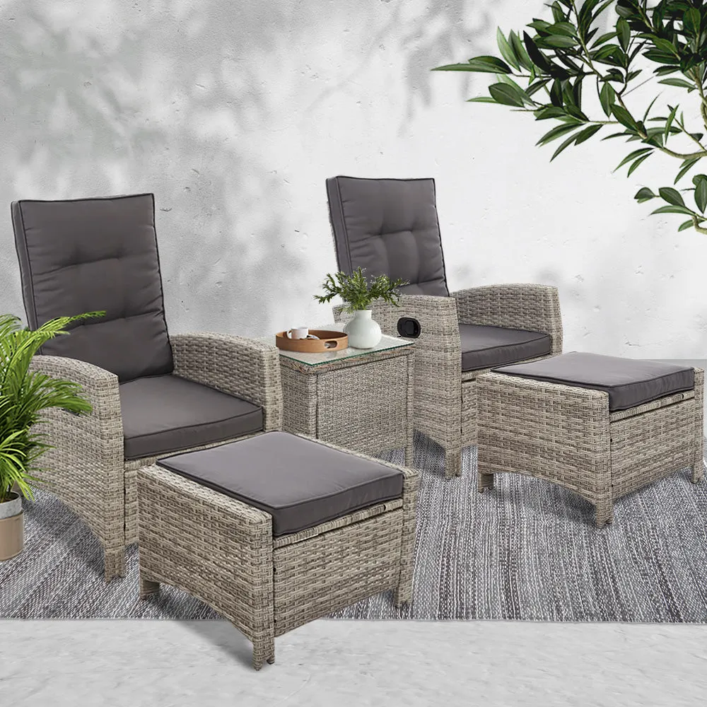 5 Pc Wicker Patio Recliner Armchair Ottoman Sun lounge Chair Furniture Outdoor Garden Grey