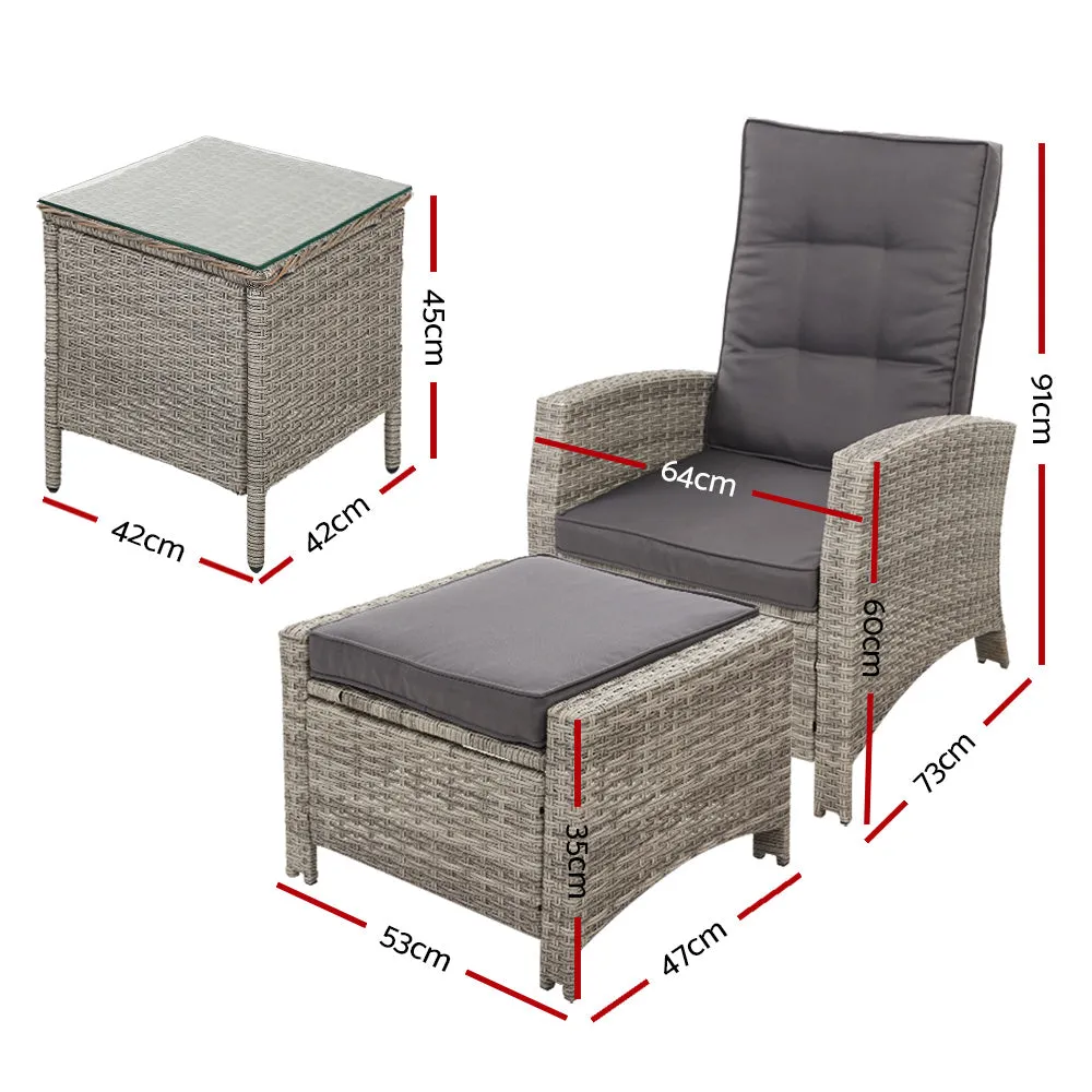 5 Pc Wicker Patio Recliner Armchair Ottoman Sun lounge Chair Furniture Outdoor Garden Grey