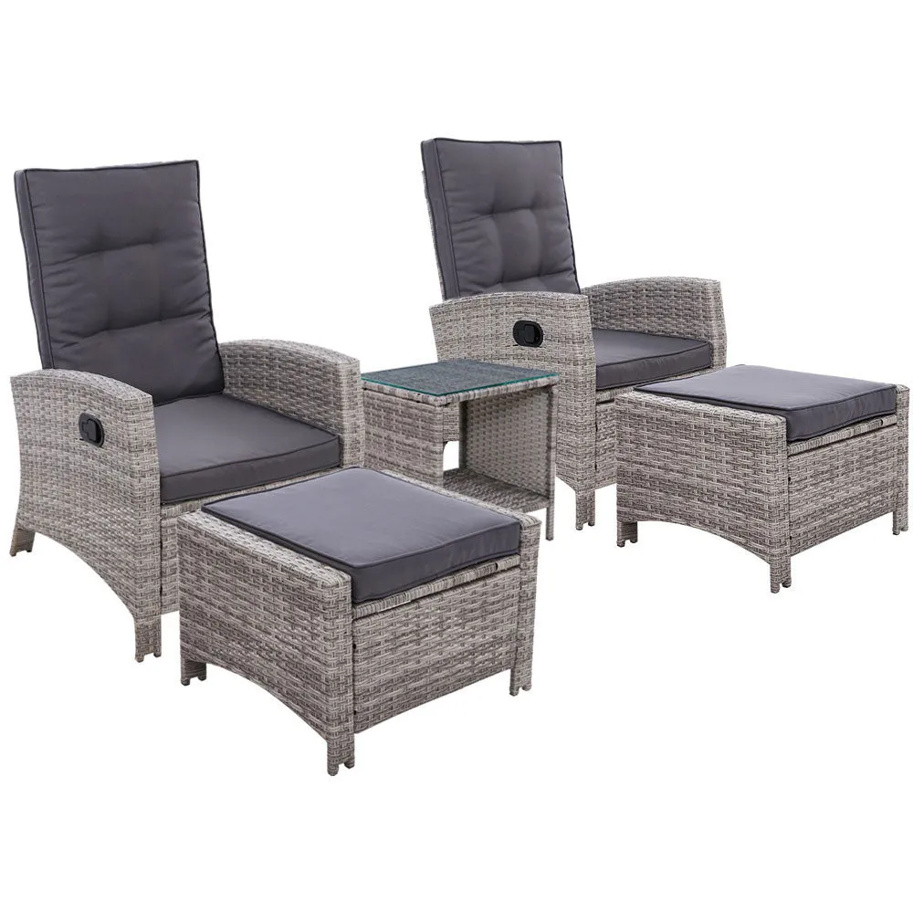 5 Piece Elise Outdoor Recliner Chair Ottoman and Table Set Grey