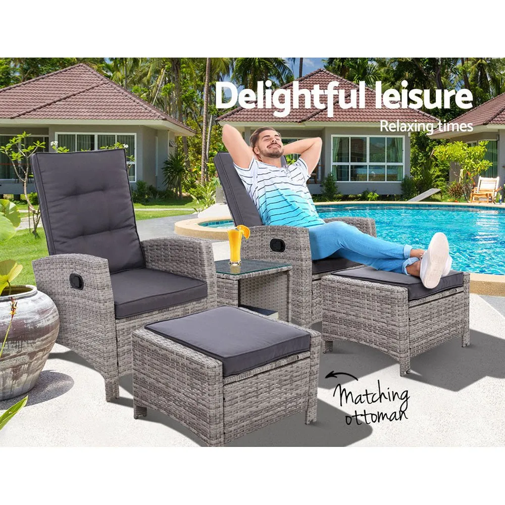 5 Piece Elise Outdoor Recliner Chair Ottoman and Table Set Grey