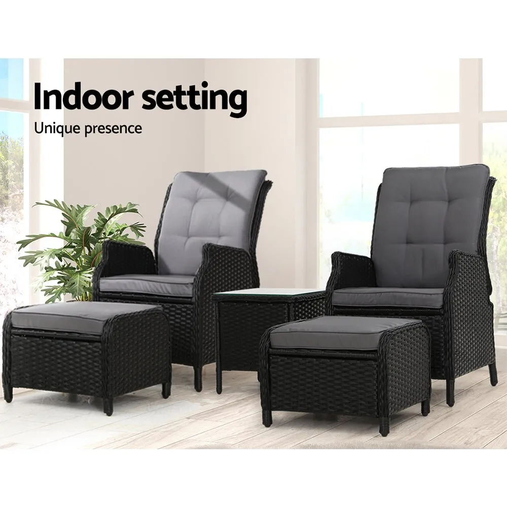 5 Piece Ella Outdoor Recliner Chair Ottoman and Table Set Black