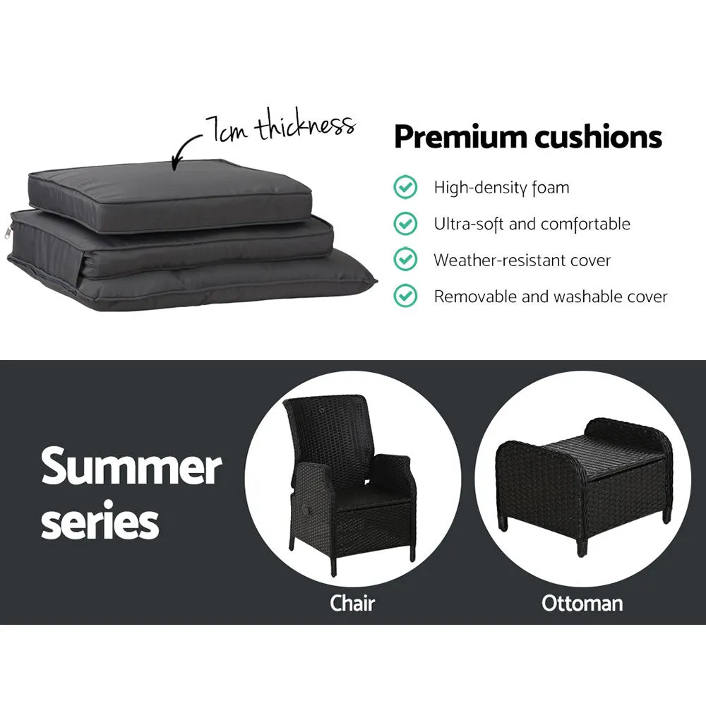 5 Piece Ella Outdoor Recliner Chair Ottoman and Table Set Black