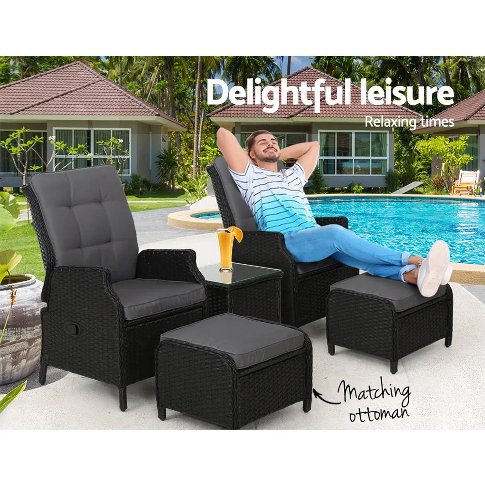 5 Piece Ella Outdoor Recliner Chair Ottoman and Table Set Black