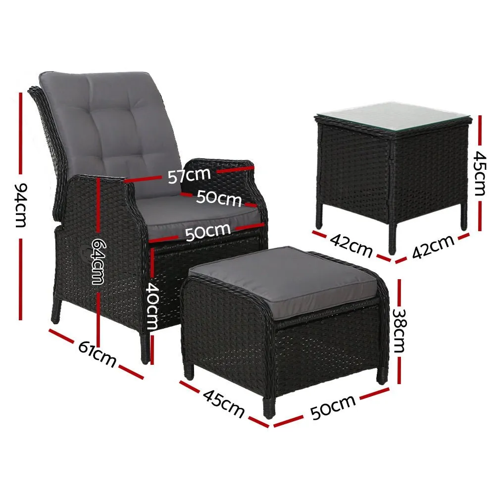 5 Piece Ella Outdoor Recliner Chair Ottoman and Table Set Black