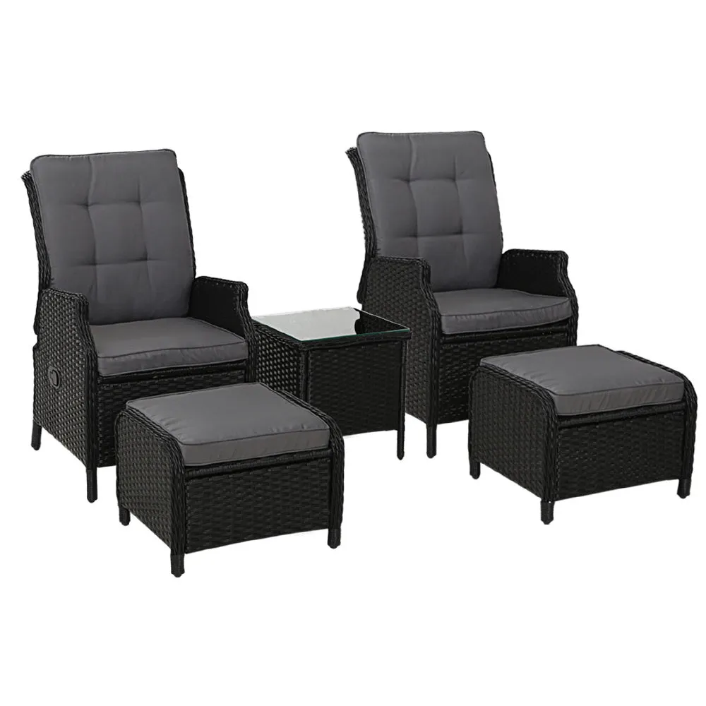 5 Piece Ella Outdoor Recliner Chair Ottoman and Table Set Black