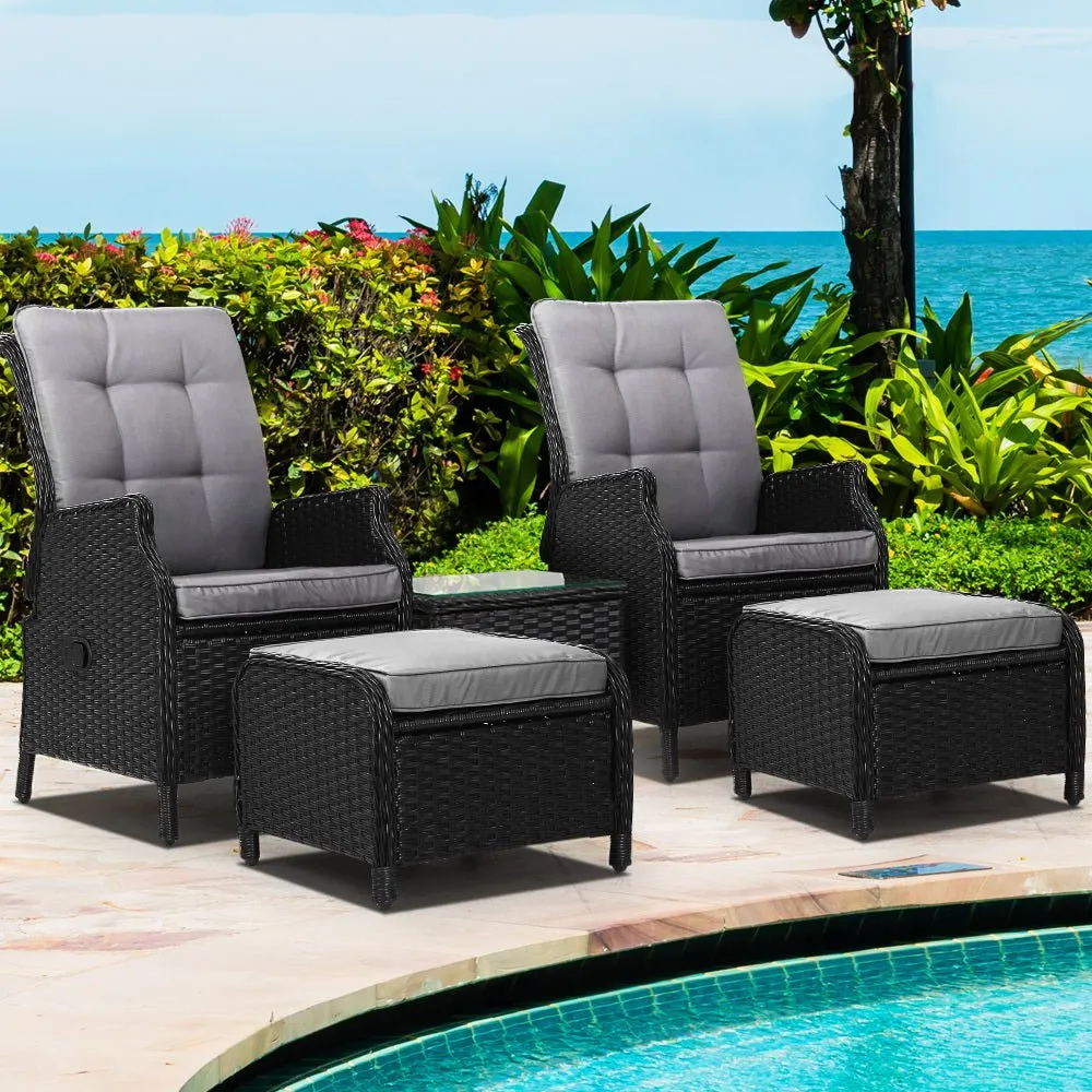 5 Piece Ella Outdoor Recliner Chair Ottoman and Table Set Black