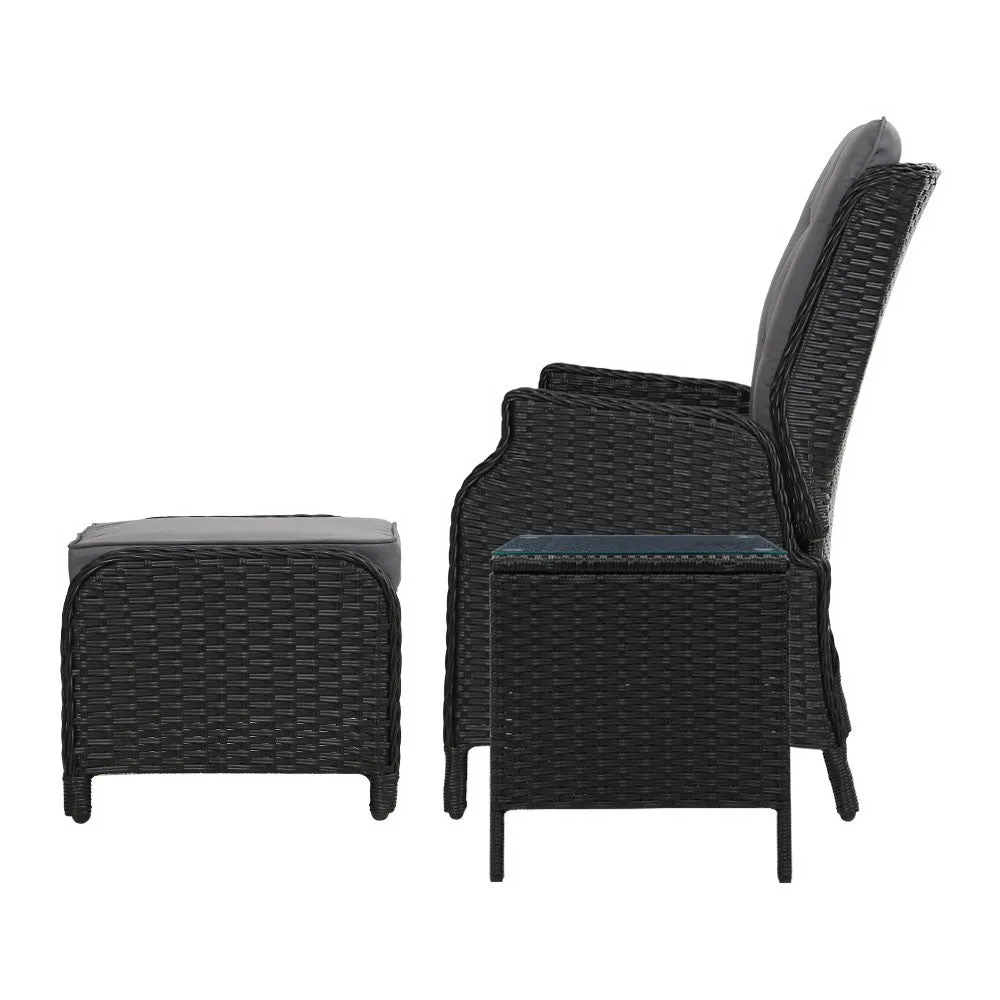 5 Piece Ella Outdoor Recliner Chair Ottoman and Table Set Black