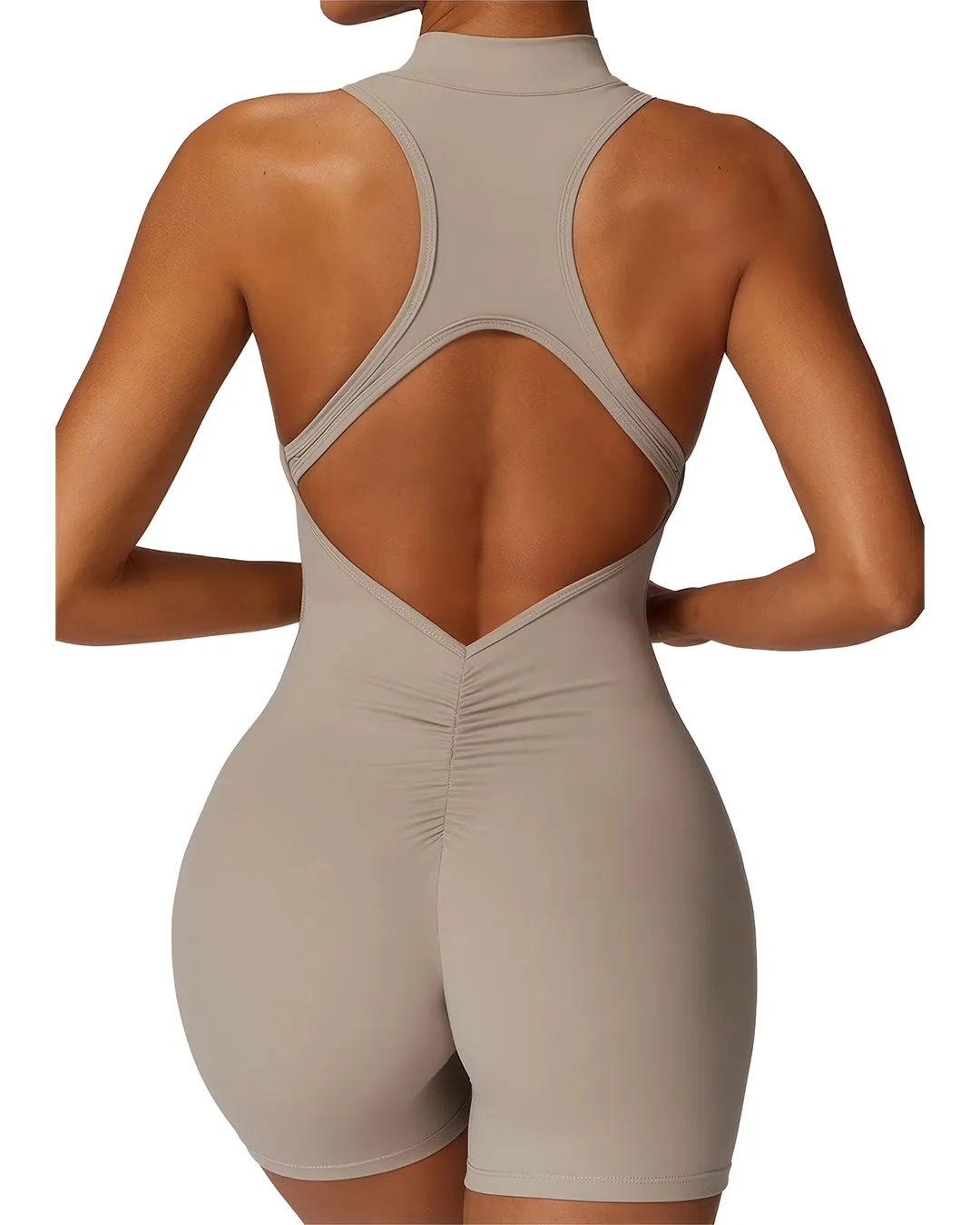 Activewear Bodysuit with Zipper - Light Beige