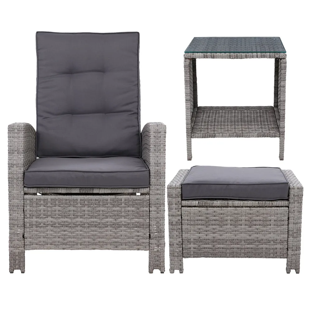 Adjustable Wicker Recliner Set, 3PC Outdoor Furniture - Gardeon