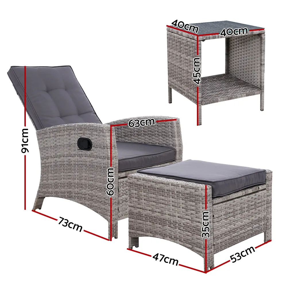 Adjustable Wicker Recliner Set, 3PC Outdoor Furniture - Gardeon