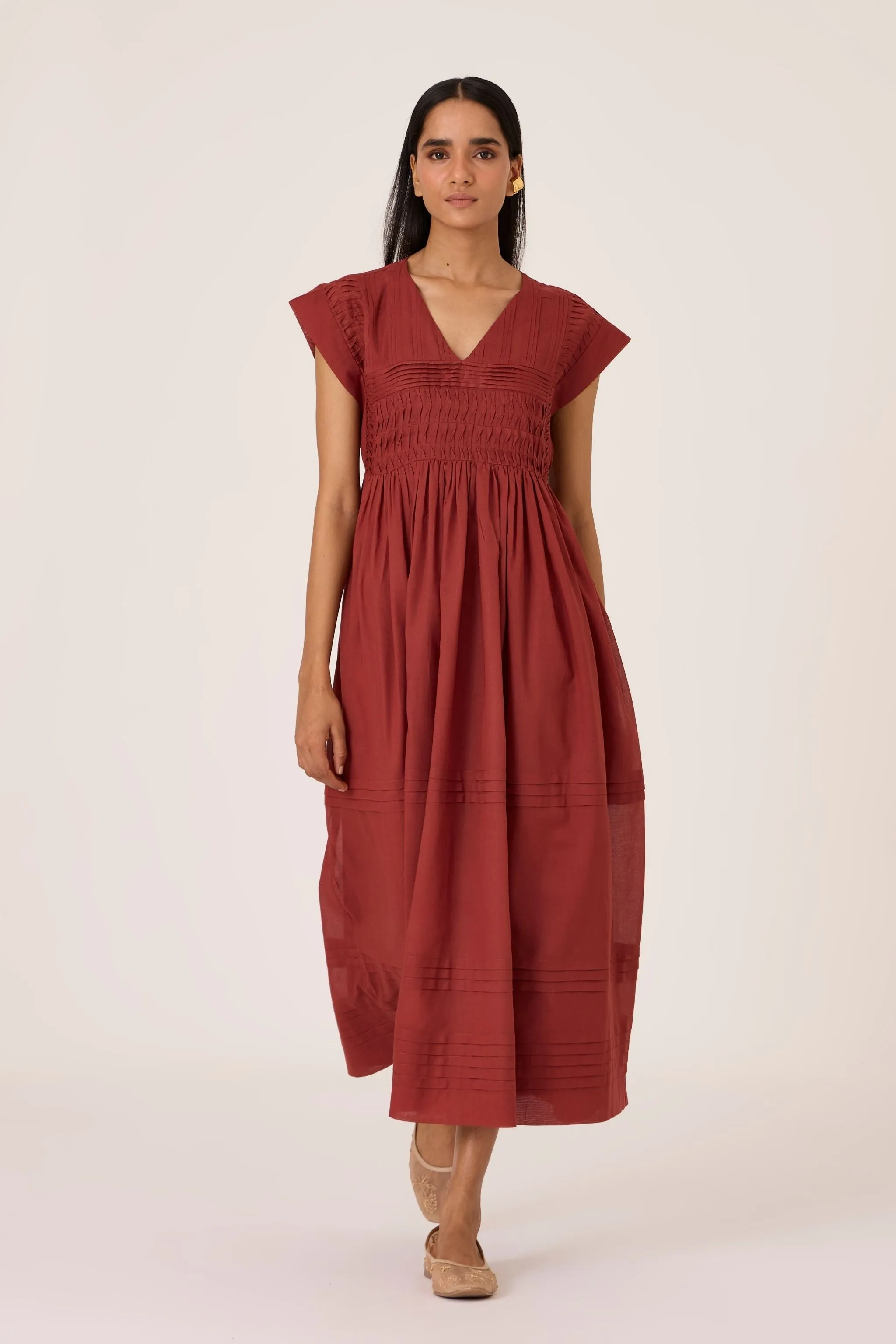 Aelia Umber Pleated Midi Dress