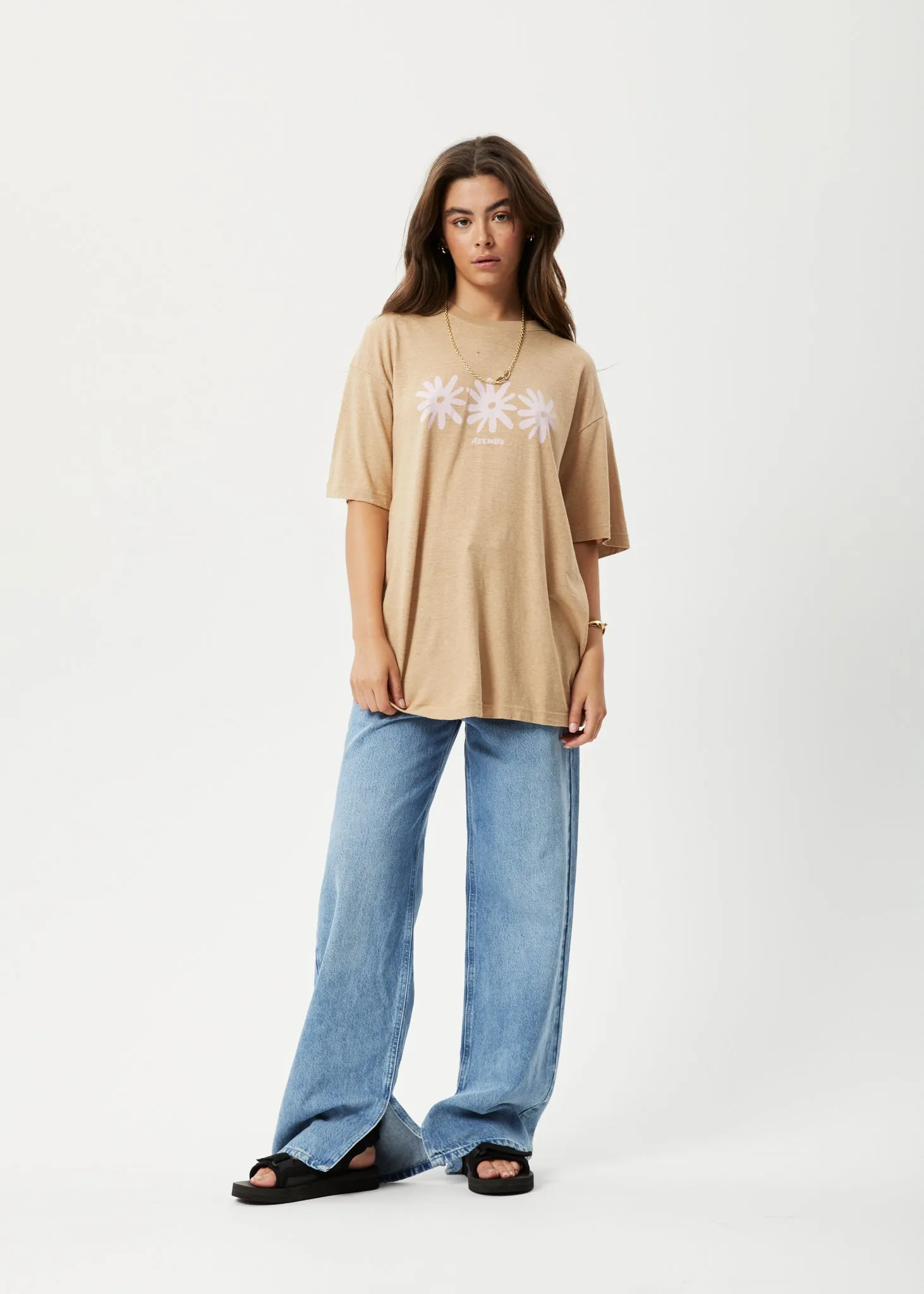 AFENDS Womens Adi Slay - Oversized Graphic T-Shirt - Tan