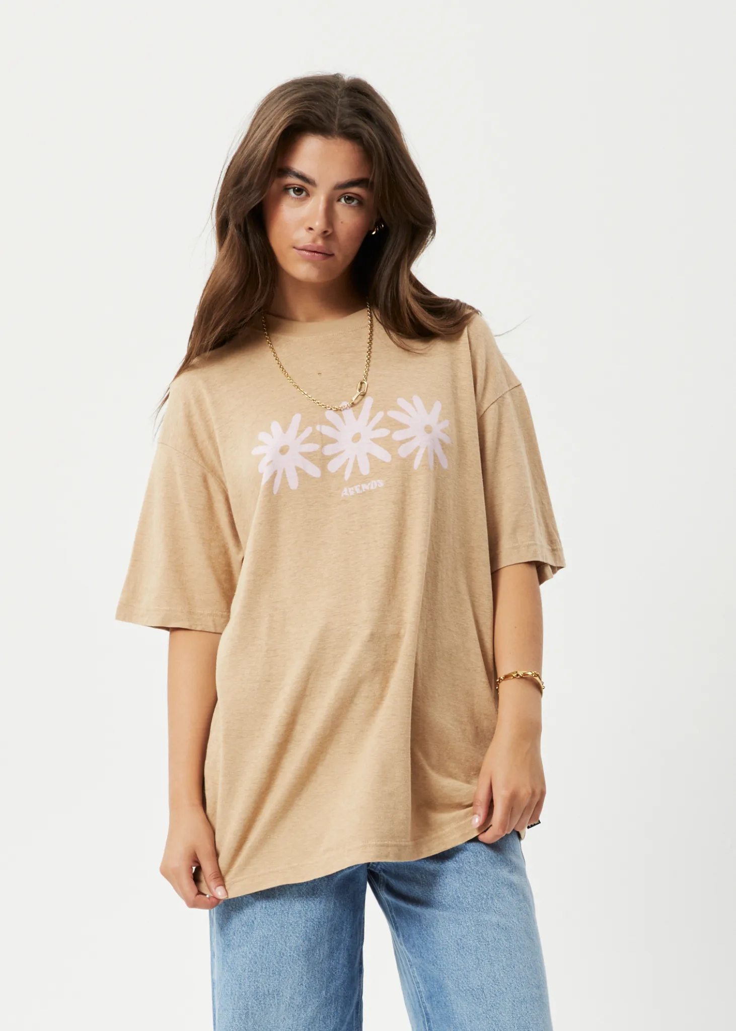 AFENDS Womens Adi Slay - Oversized Graphic T-Shirt - Tan