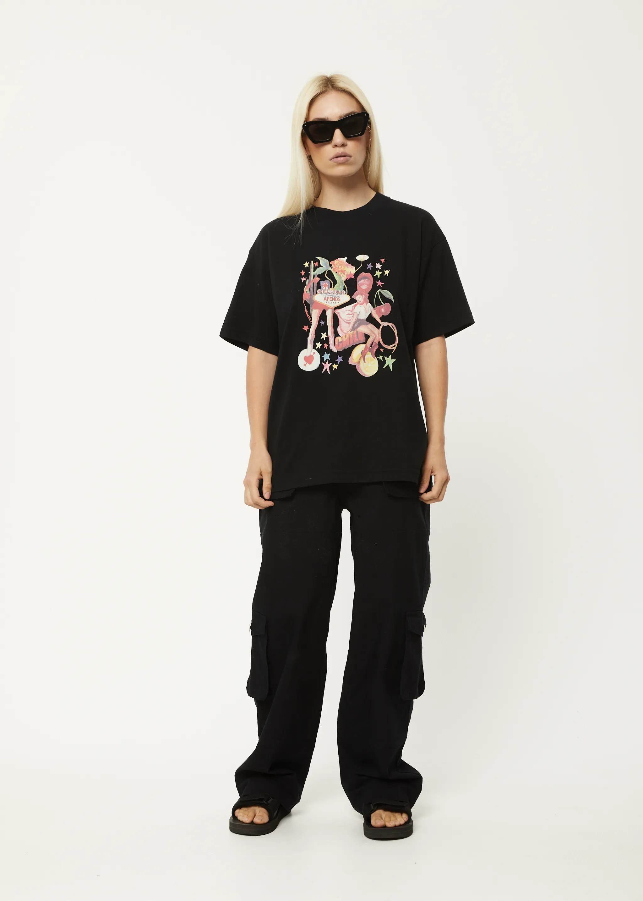 AFENDS Womens Josie Slay - Oversized Graphic T-Shirt - Black