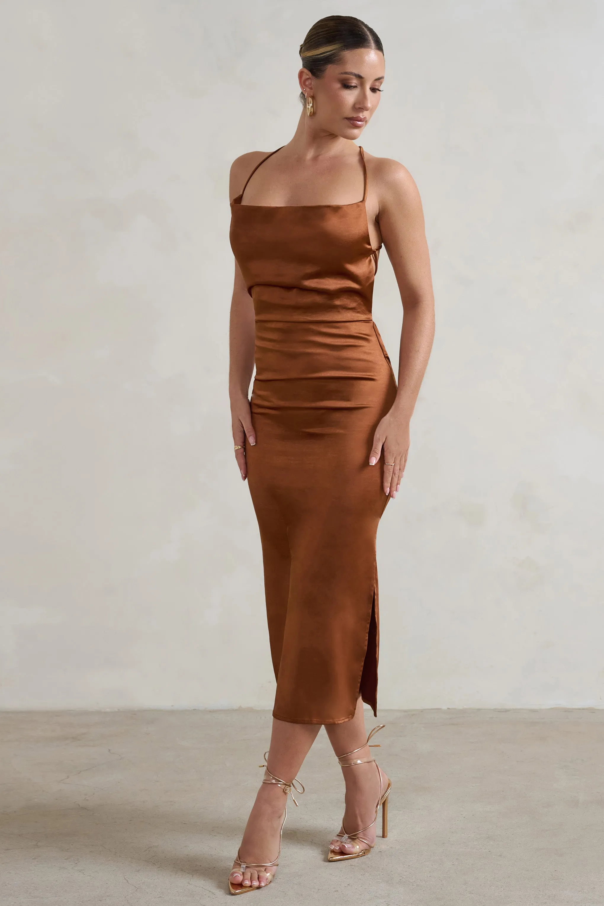 Aja | Copper Cowl Cami Midi Dress With Waist Tie