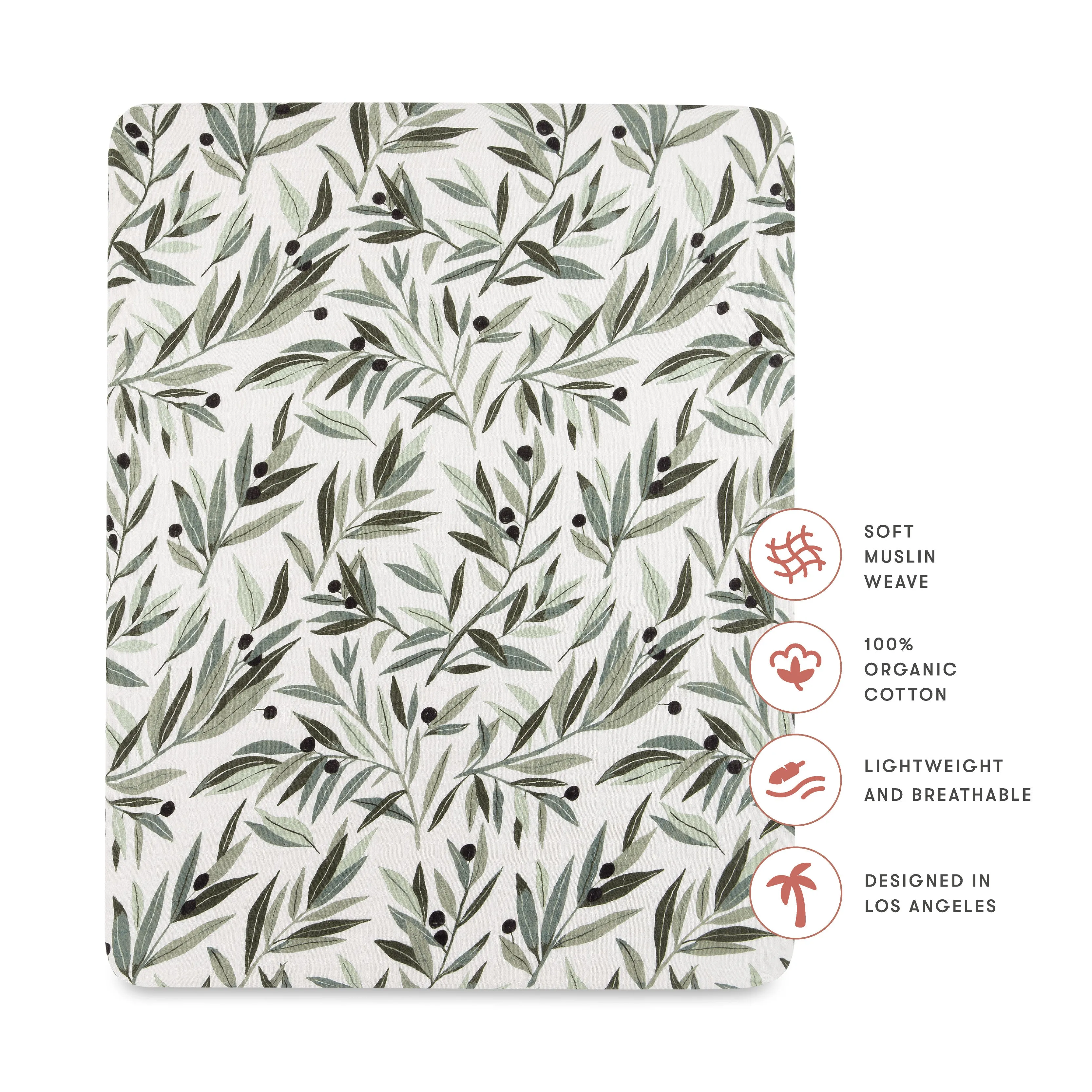 All-Stages Midi Crib Sheet in GOTS Certified Organic Muslin Cotton - Olive Branches