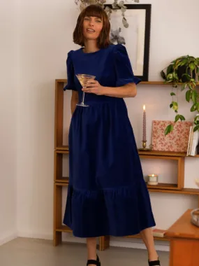 Alleegra Organic Cotton Velvet Midi Dress - Dark Sapphire Blue