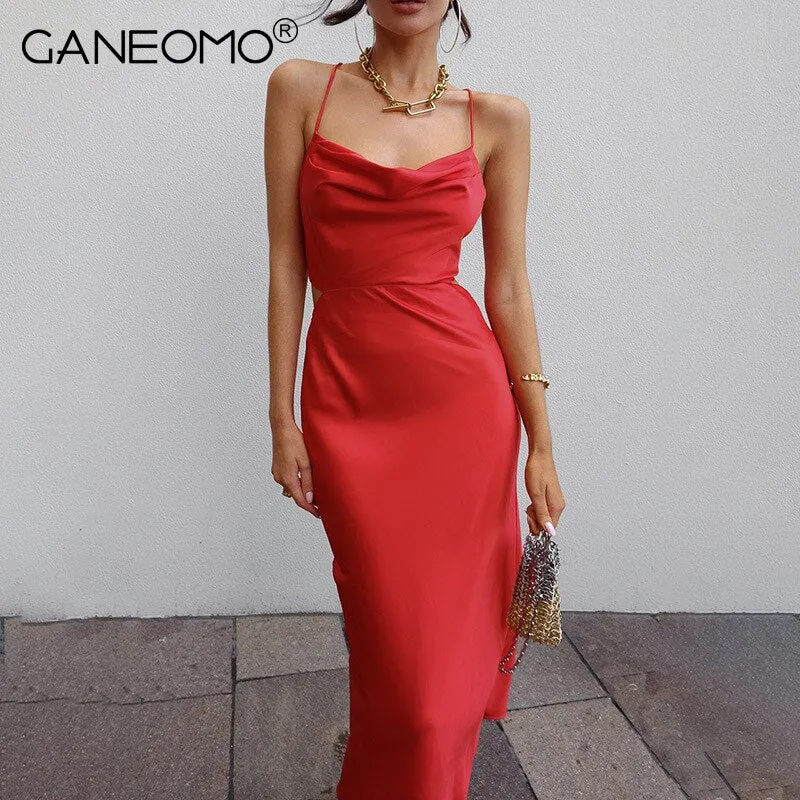 Amozae--Satin Midi Dresses for Women Elegant Ruched Party Evening Bodycon Slip Long Dress   Summer Spaghetti Strap Club Outfits