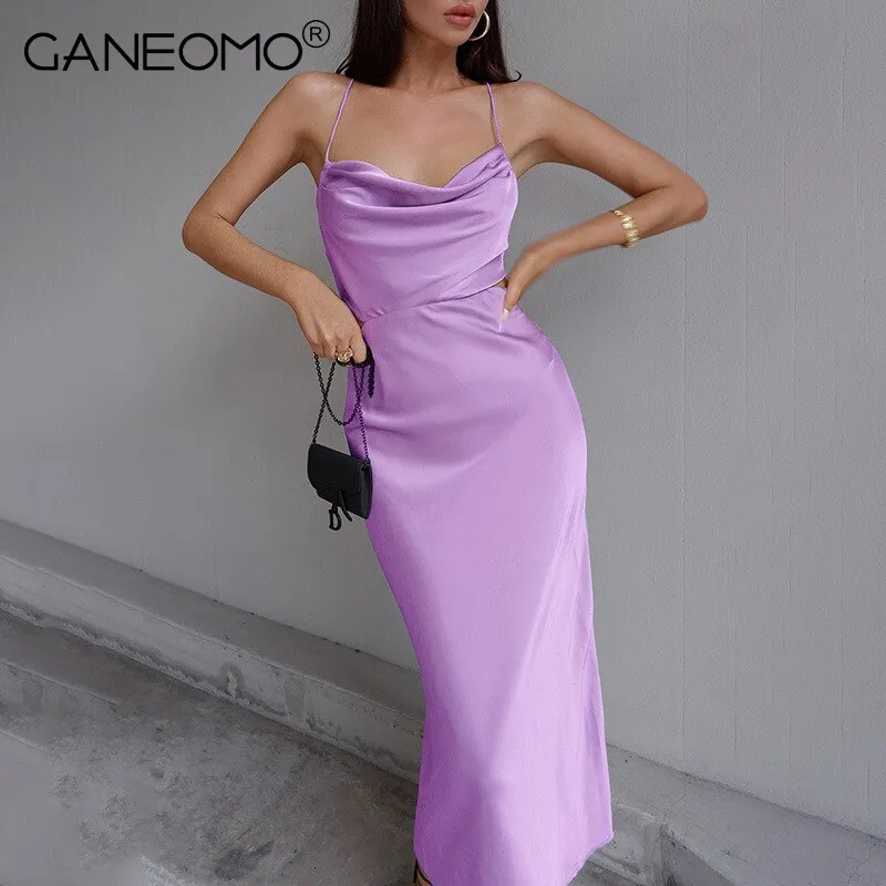 Amozae--Satin Midi Dresses for Women Elegant Ruched Party Evening Bodycon Slip Long Dress   Summer Spaghetti Strap Club Outfits