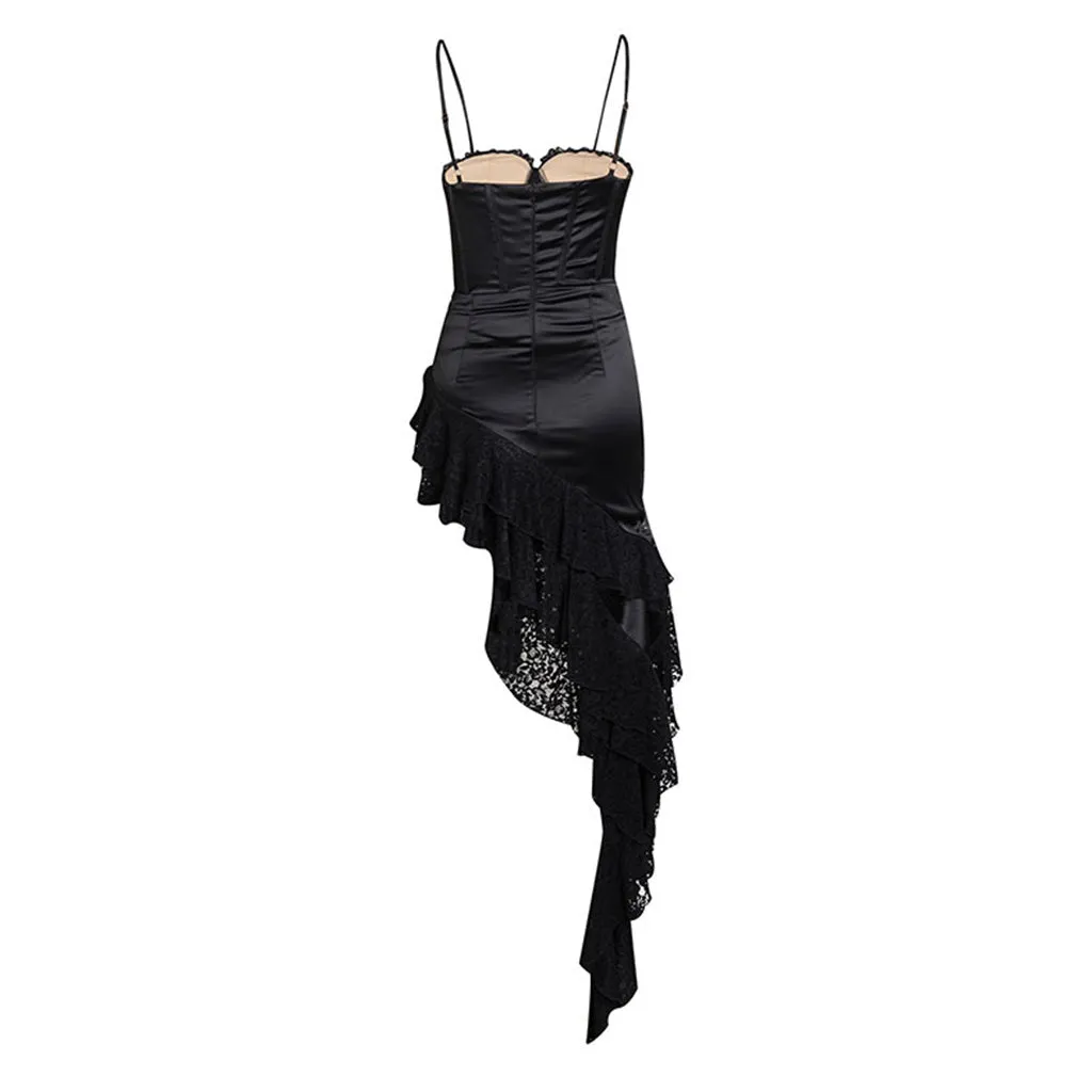 Asymmetrical Lace Bustier Drop Waist Cami Ruffle Tiered Satin Corset Dress