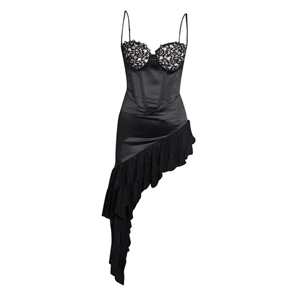 Asymmetrical Lace Bustier Drop Waist Cami Ruffle Tiered Satin Corset Dress