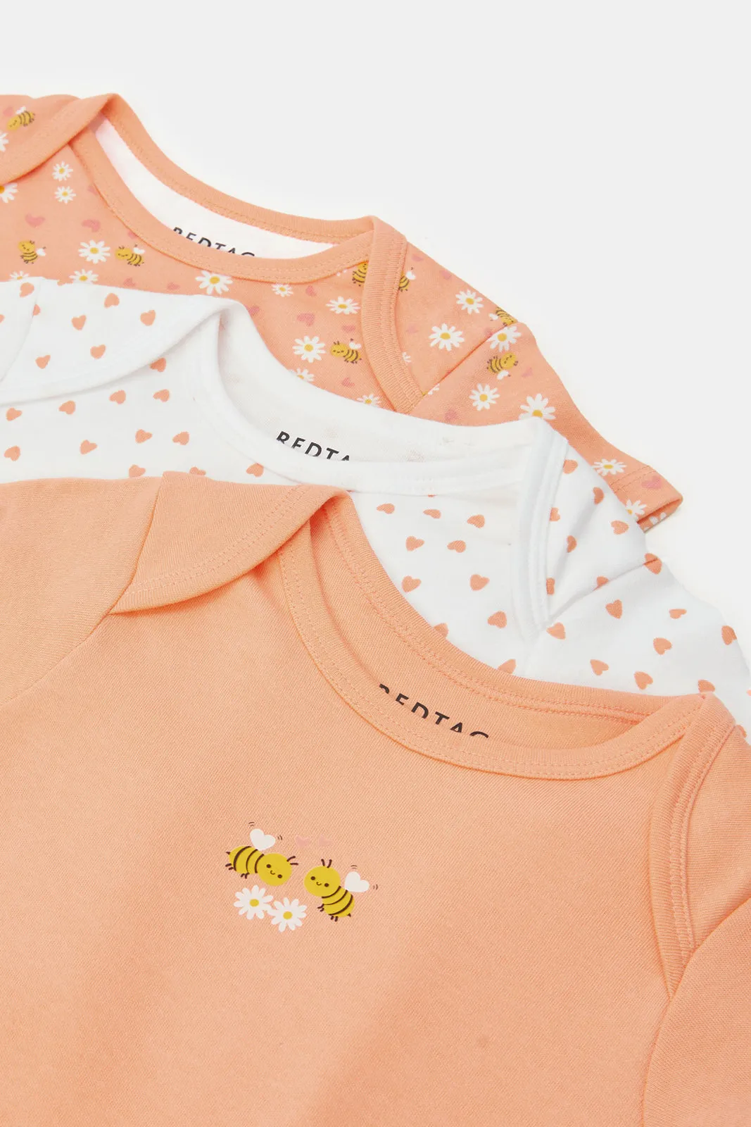 Baby Orange And White Printed Bodysuit Set (Pack Of 3)