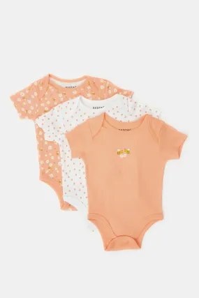 Baby Orange And White Printed Bodysuit Set (Pack Of 3)