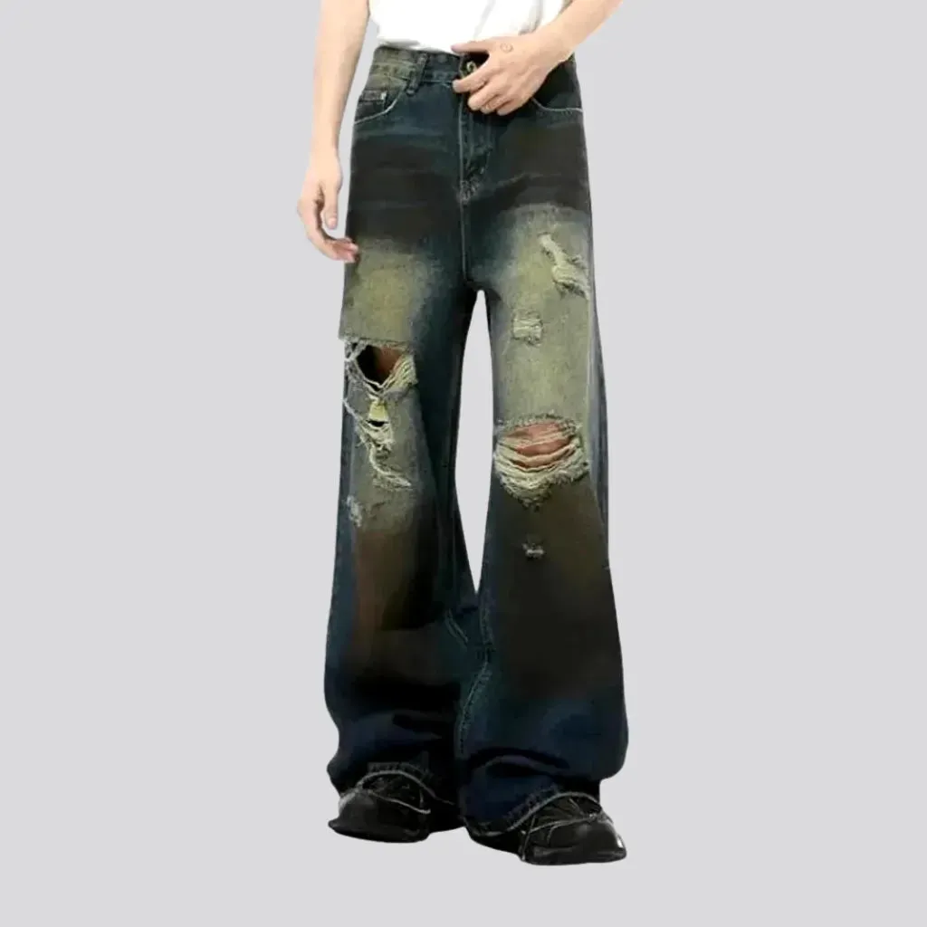 Baggy fashion distressed gradient jeans for men