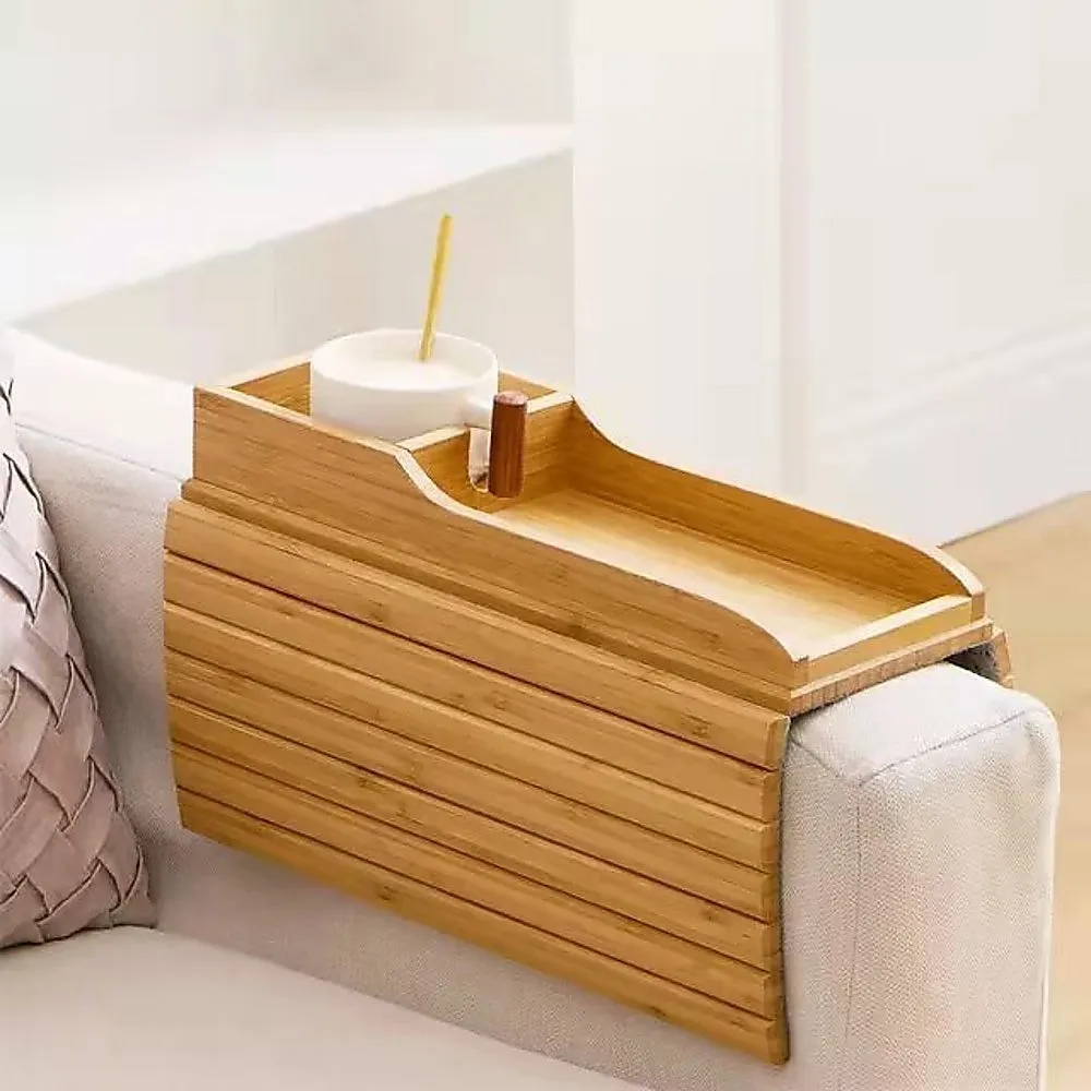 Bamboo Sofa Arm Tray Couch Phone Holder Anti-Slip for Snacks Drinks