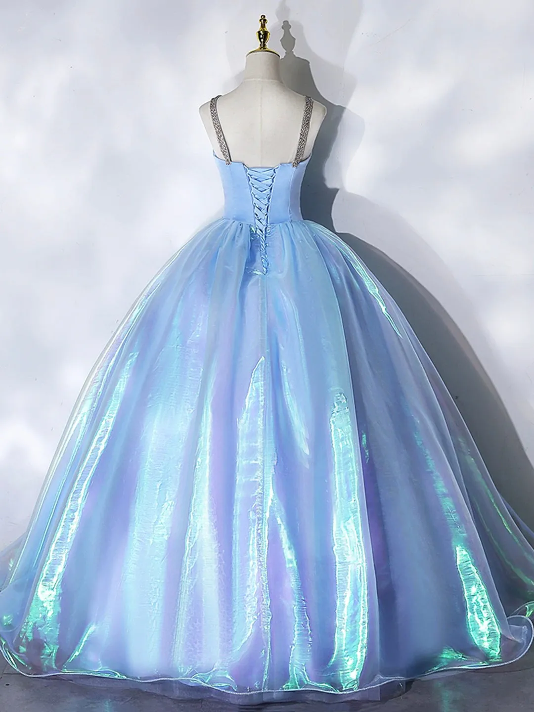 Beautiful  Shiny Blue Tulle Long Formal Dress, A-Line Spaghetti Strap Sweetheart Princess Dress