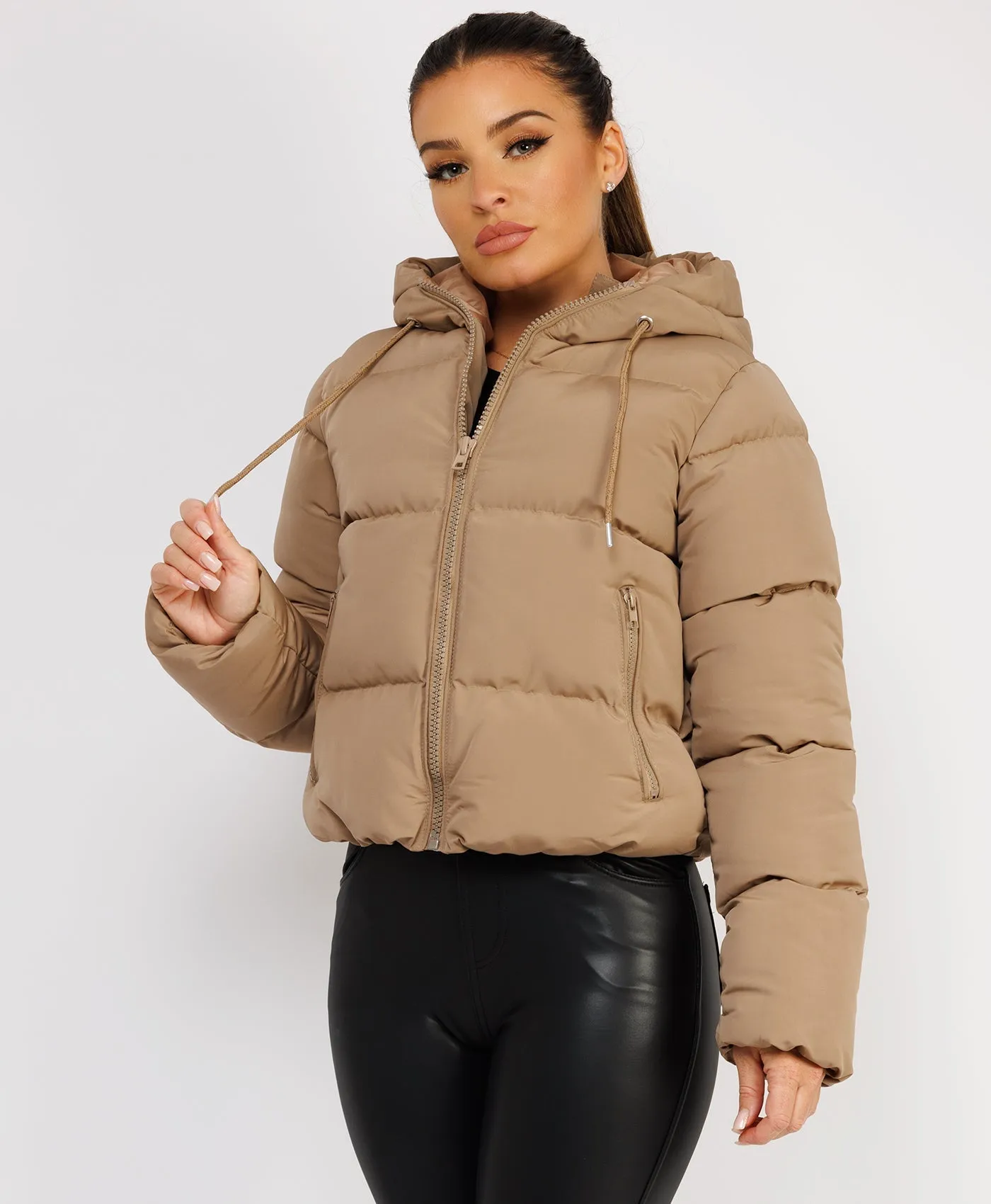 Beige Alpine Quilted Padded Hooded Drawstring Puffer Jacket