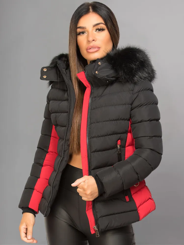 Black Puffer Jacket With Faux fur Hood